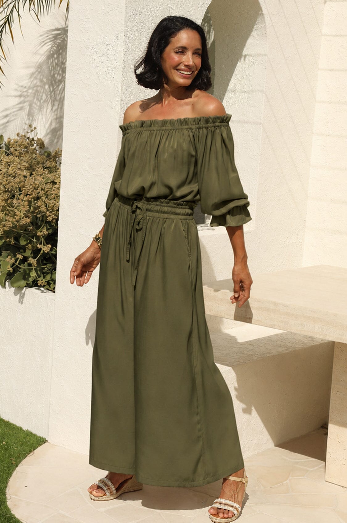 Vittoria Frill Trim Off Shoulder Long Sleeve Top Olive