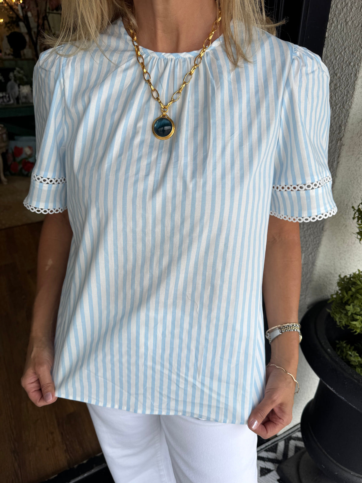 Mary Square Tabby Pin Stripe Top - Blue