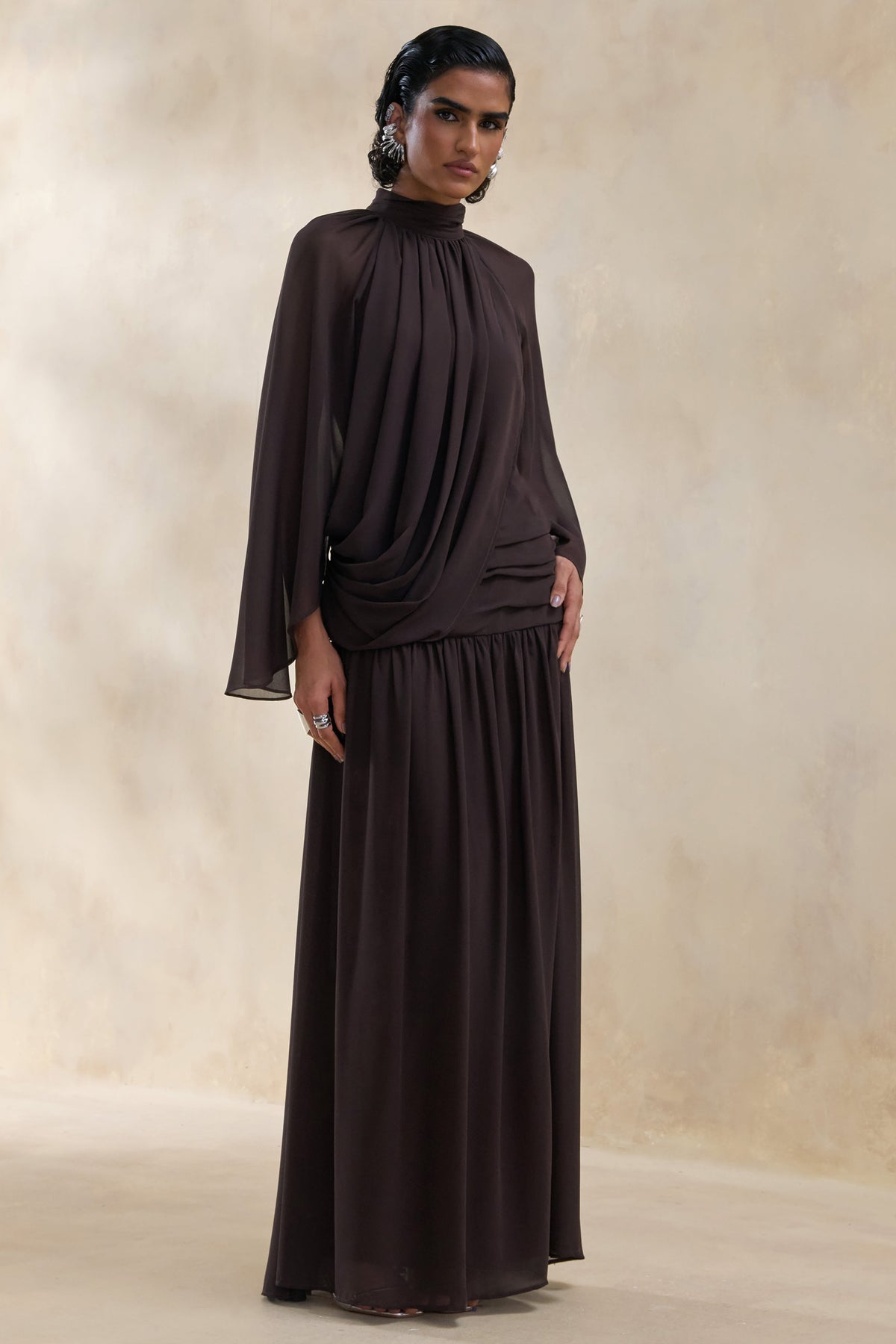 Narella | Brown Chiffon High-Neck Maxi Dress With Draped-Detailing