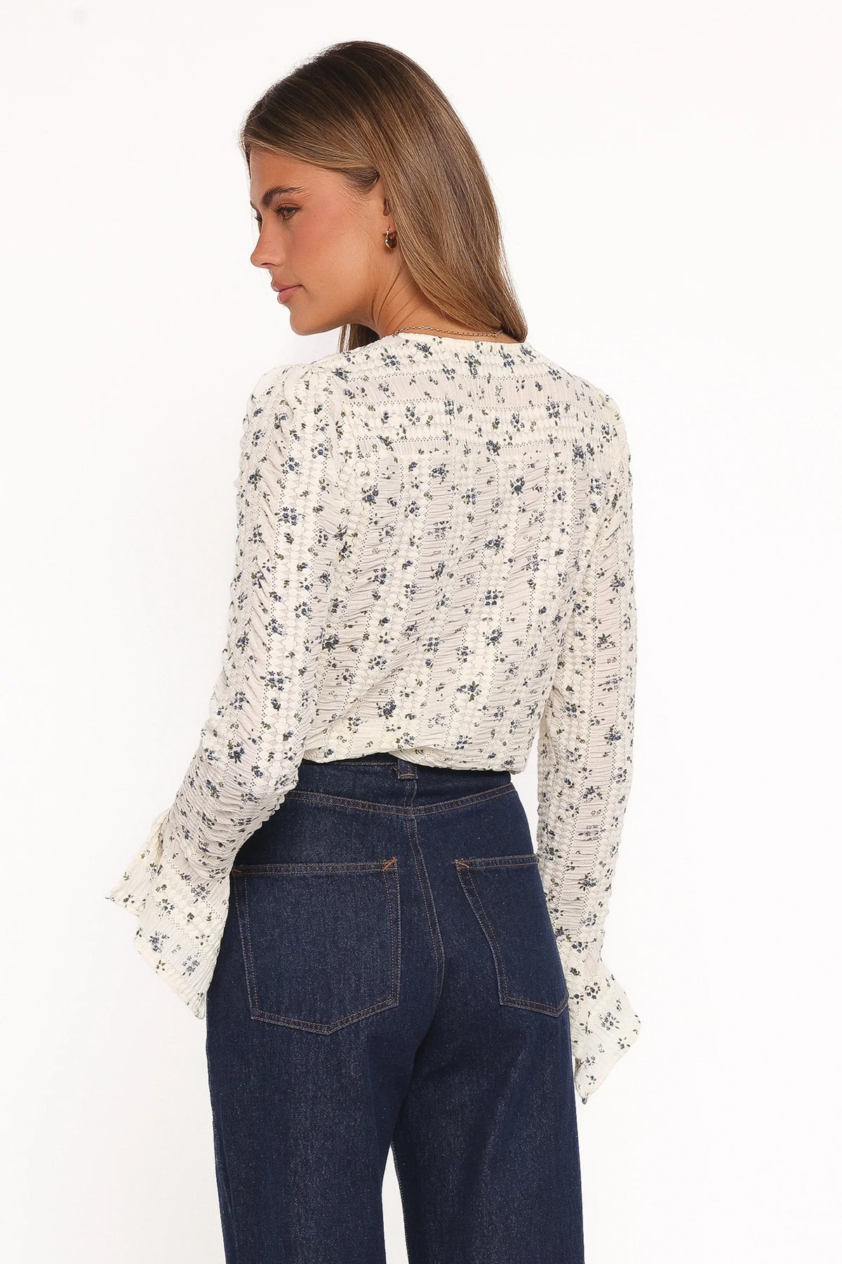 Eira Textured Ruffle Top - Cream Blue Floral