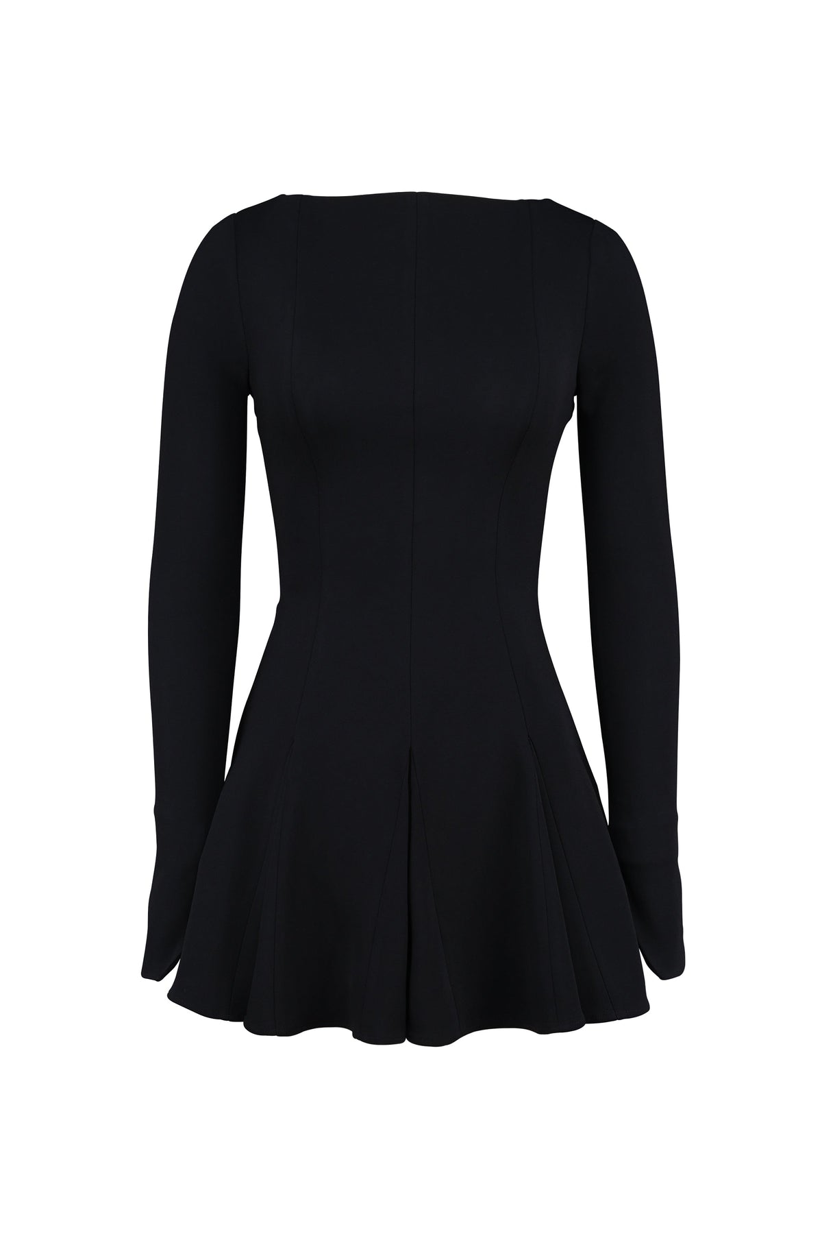 black stretch crepe godet mini dress