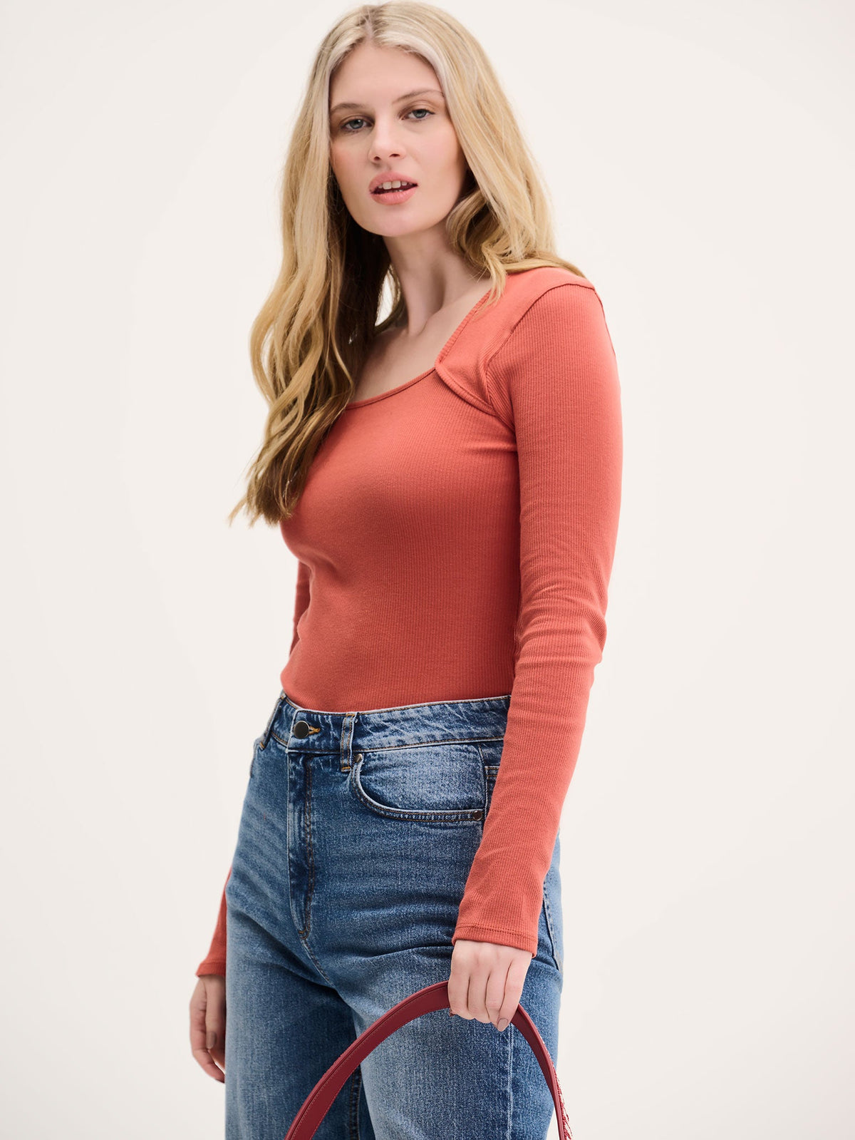 Fearne Square Neck Jersey Top in Brick Orange