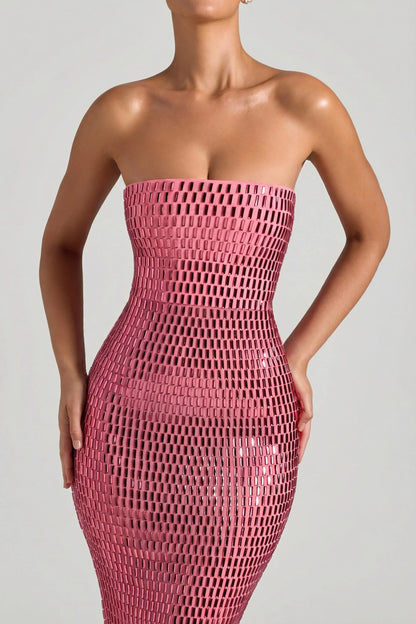 Embellished Strapless Bandeau Maxi Dress in Watermelon