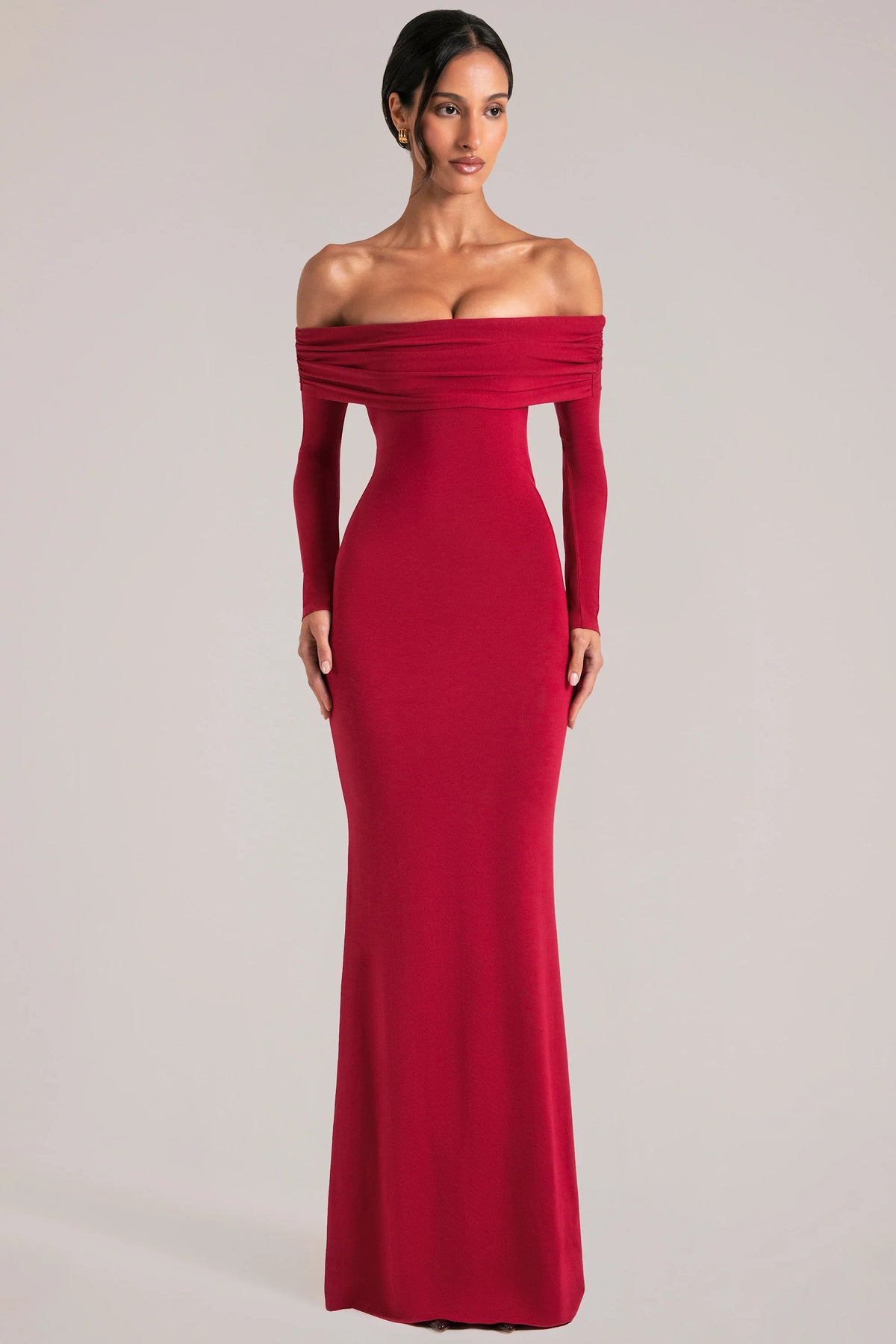Off-Shoulder Long-Sleeve Maxi Dress in Cherry Red