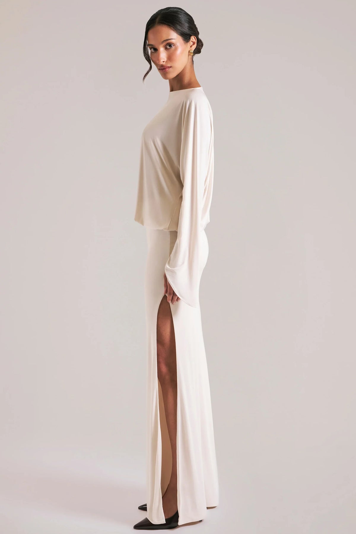 Long-Sleeve Draped Maxi Dress in Ivory