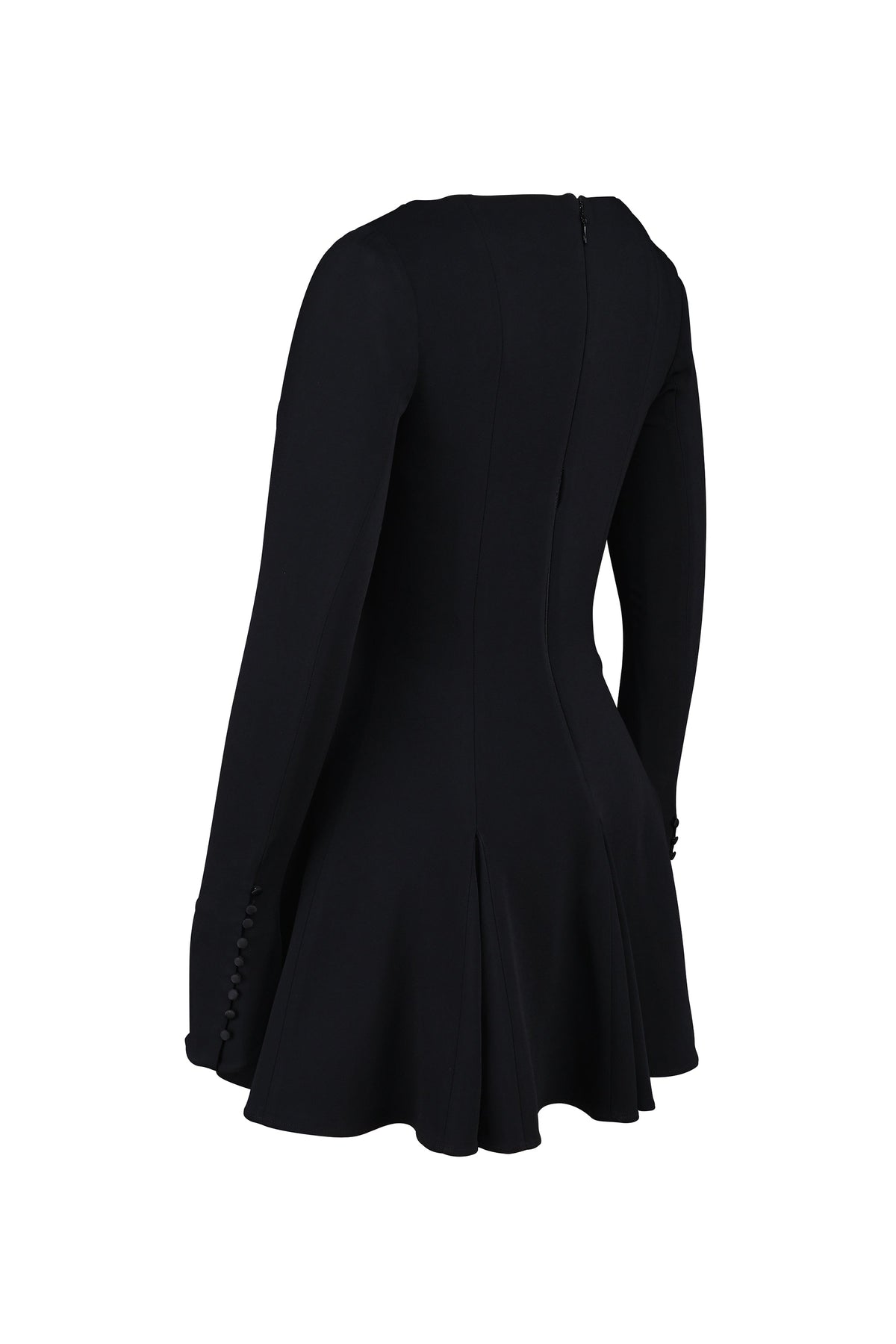 black stretch crepe godet mini dress