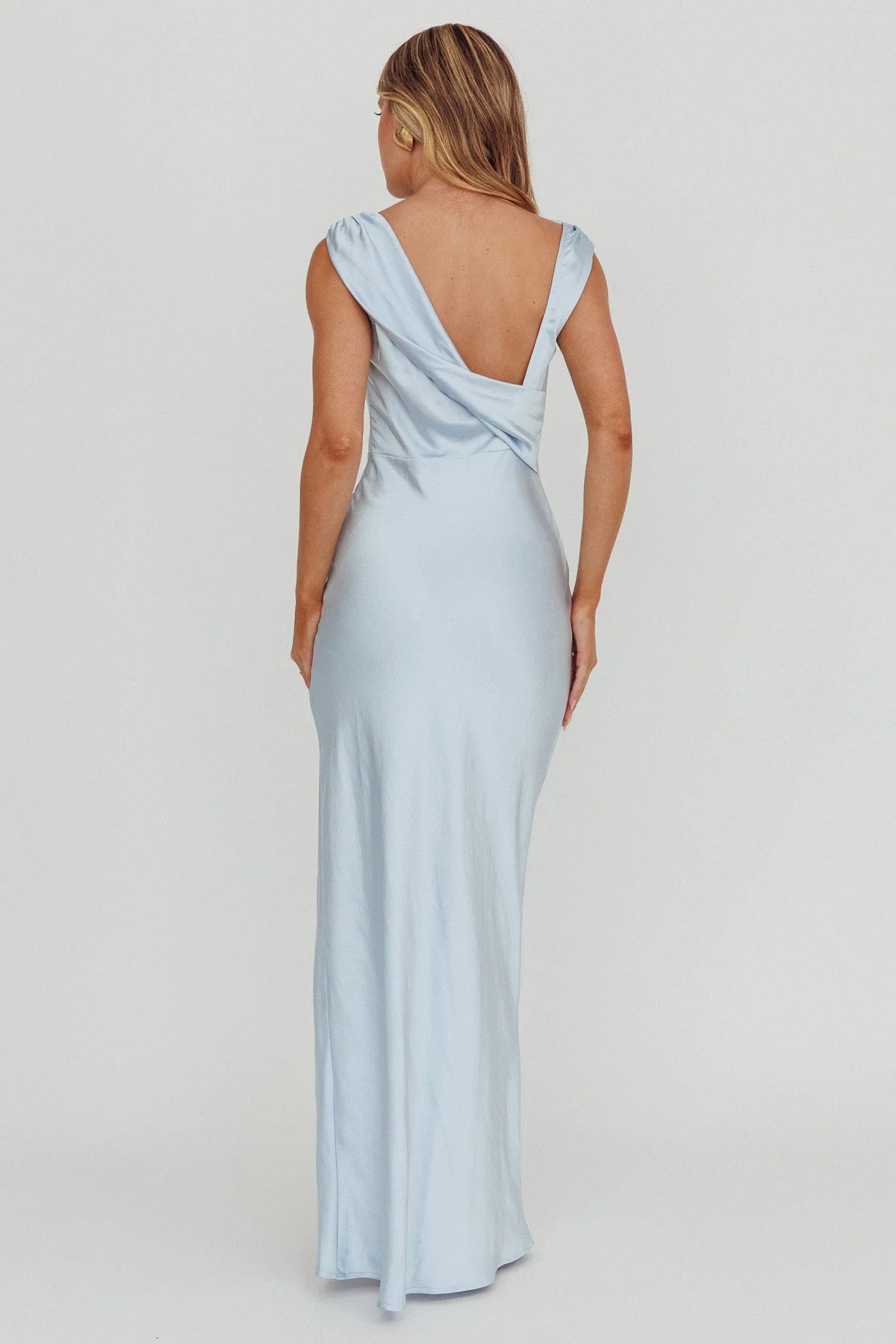 Jinora Cowl Neck Leg Slit Satin Maxi Dress Blue