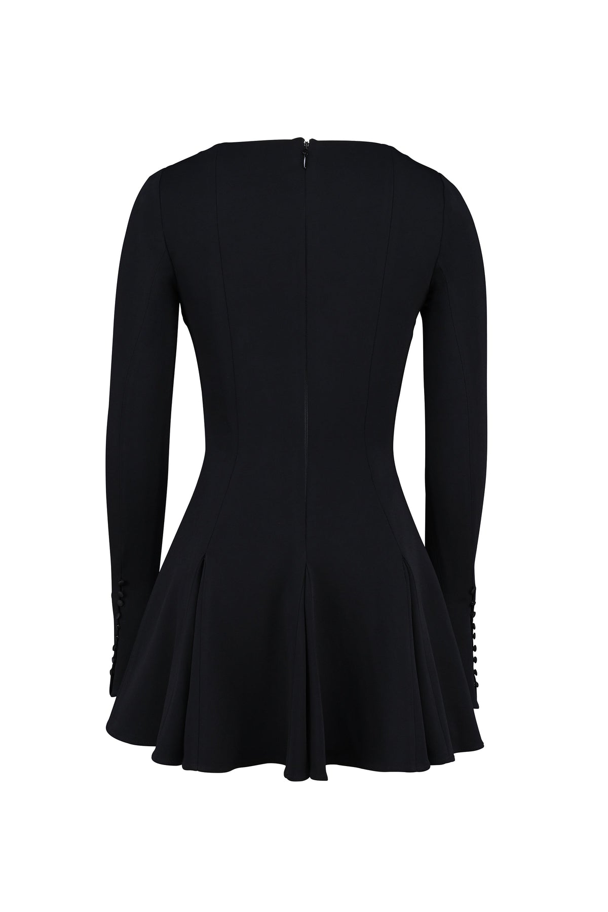 black stretch crepe godet mini dress