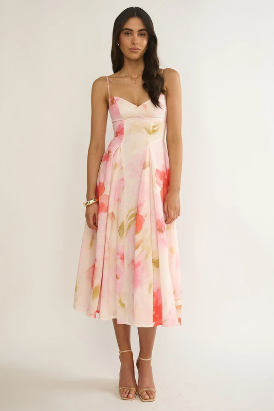 Get My Attention Pleat Waist Midi Dress Floral Pink