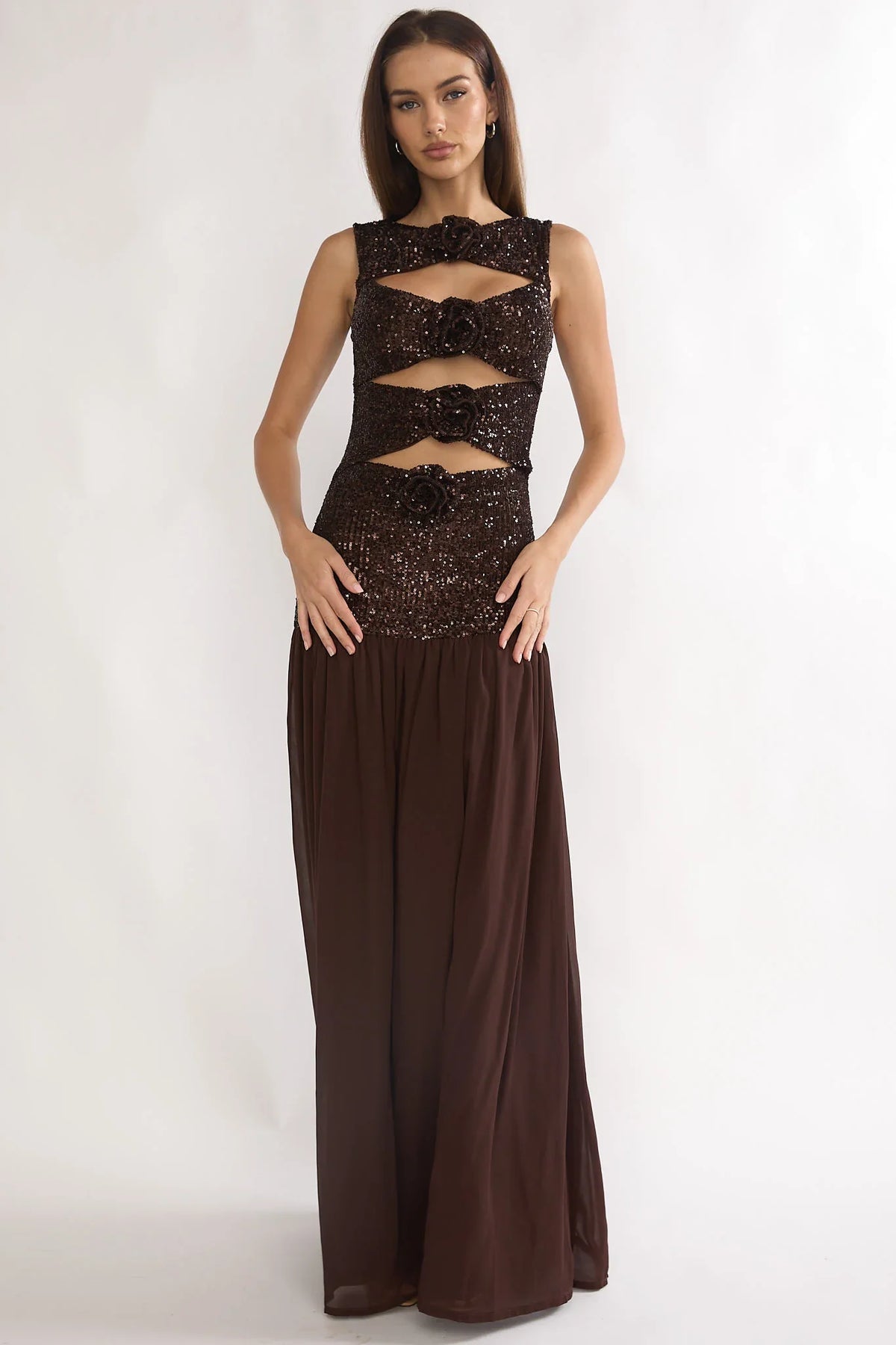 Dioris Rosette Cut-Out Sequin Maxi Dress Sequin Choco
