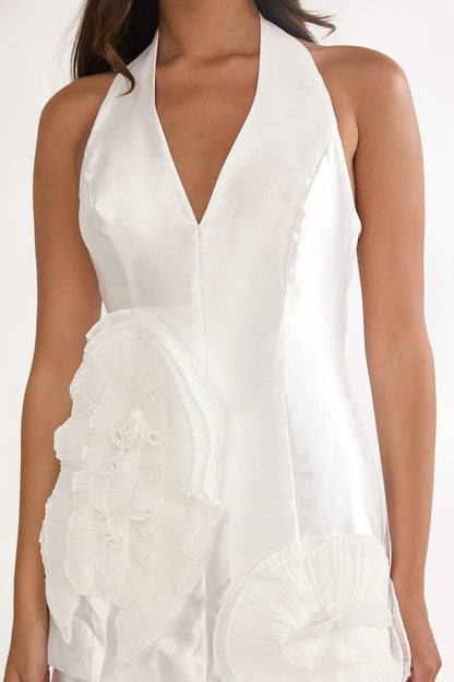 Elyria 3D Ruffle Halter Maxi Dress White