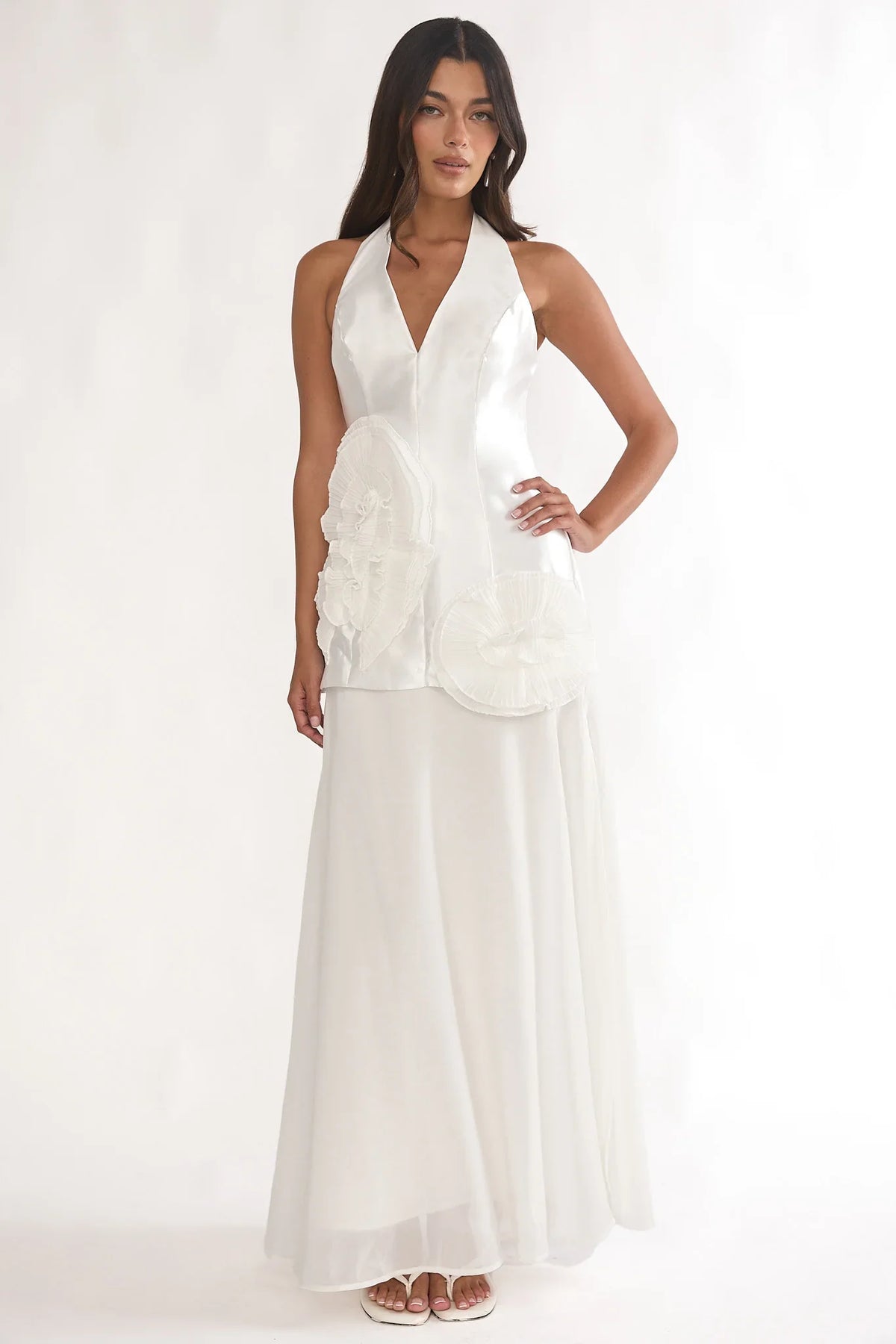 Elyria 3D Ruffle Halter Maxi Dress White