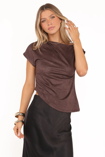 Vaila Faux Suede Off Shoulder Top - Chocolate