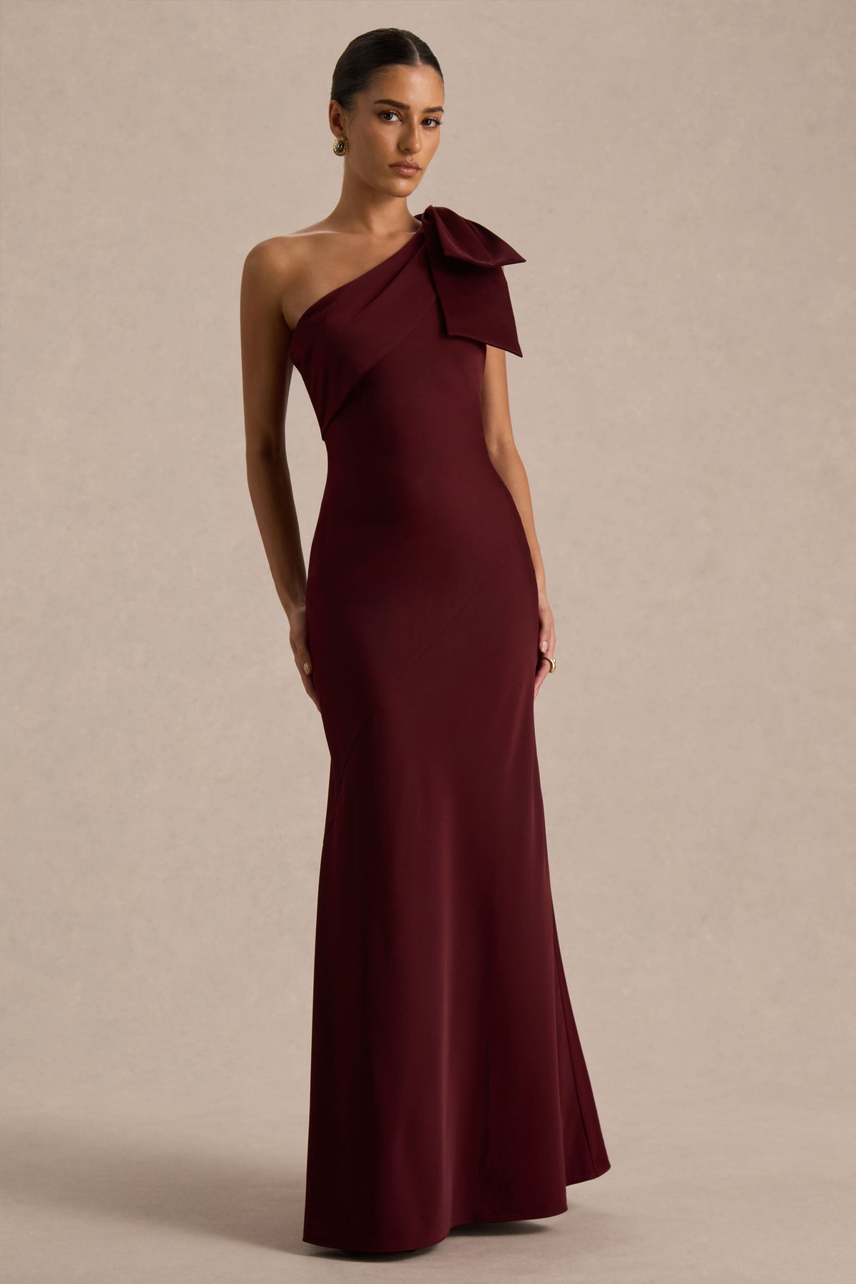 Josephine | Burgundy Matte Satin Asymmetric-Neck Maxi Dress With Bow Detail