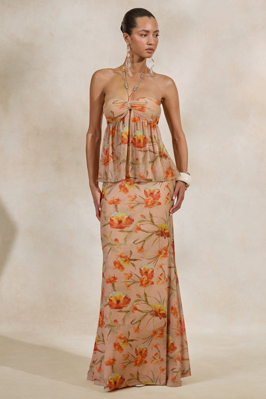 Flaviah | Orange Floral Print Mesh Maxi Skirt