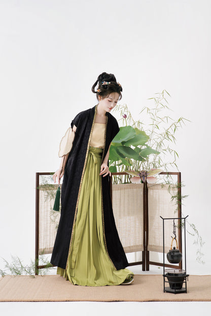 Serenade of Peaceful Joy 清平乐 Northern Song Dynasty Brocade Trim Changshan Top Bijia Vest & Baidiequn Skirt Set