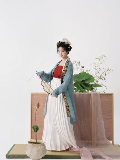 Serenade of Peaceful Joy 清平乐 Northern Song Dynasty Brocade Trim Changshan Top Bijia Vest & Baidiequn Skirt Set