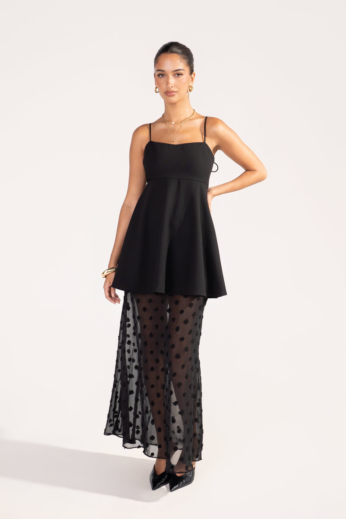 Vionette Black Camisole Top & Sheer Maxi Skirt