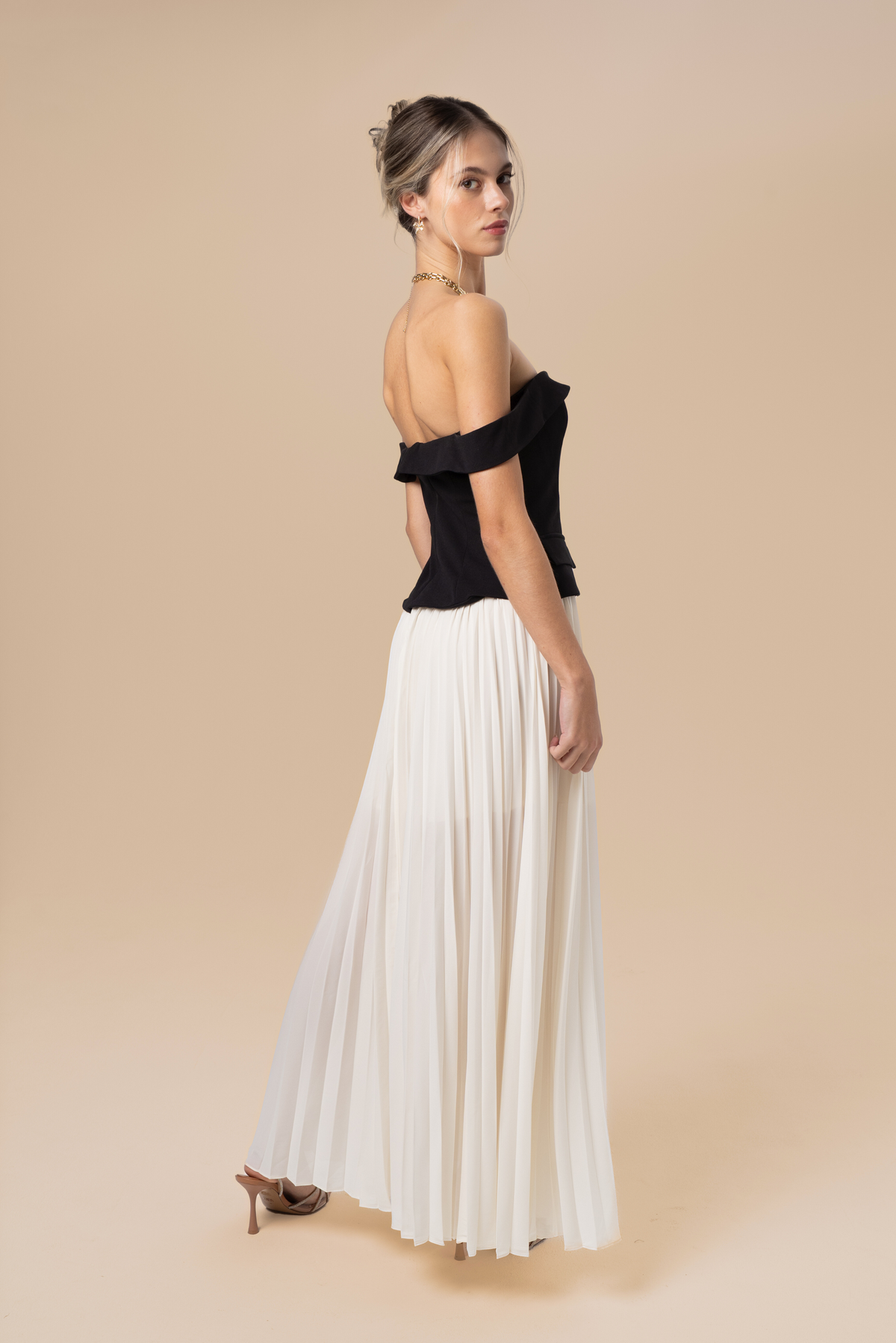 Vivienne Off-Shoulder Black & White Maxi Dress