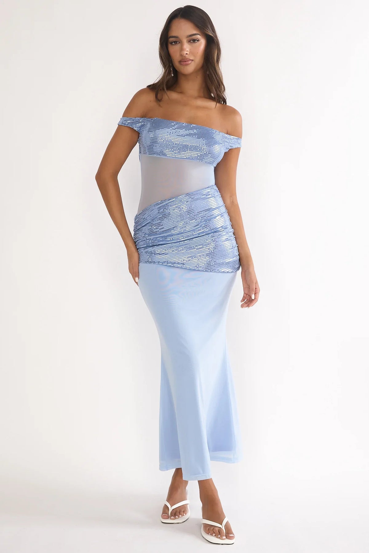 Bellora Off-Shoulder Sequin Trim Maxi Dress Blue