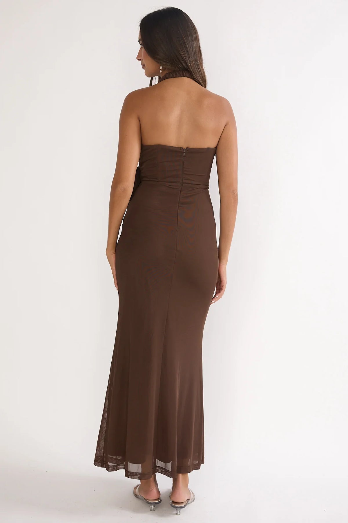 Halo Moon Wrap Front Halter Maxi Dress Chocolate