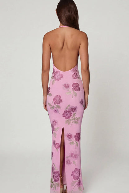 Embellished Halterneck Maxi Dress in Soft Pink