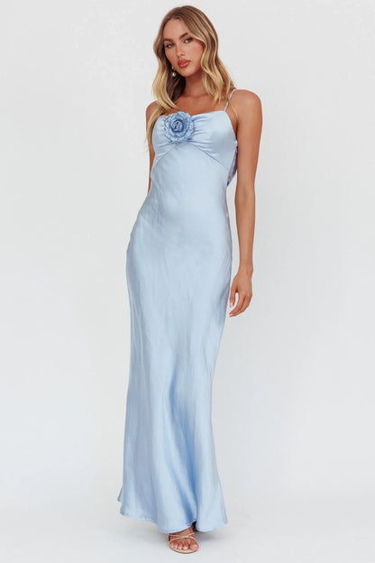 High Roller Cowl Back Rosette Maxi Dress Blue