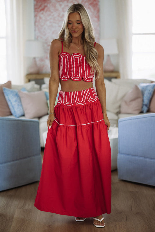 Marina Muse Crop Top and Maxi Skirt Set - Red and White