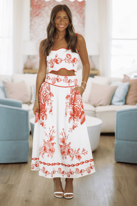 Bloom Theory Crop Top and Maxi Skirt - White and Red
