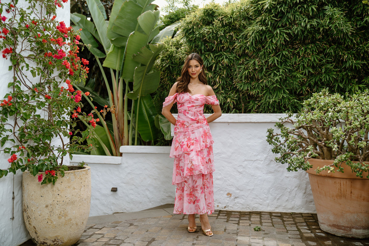 Jenna Drop Shoulder Pink Floral Maxi Dress